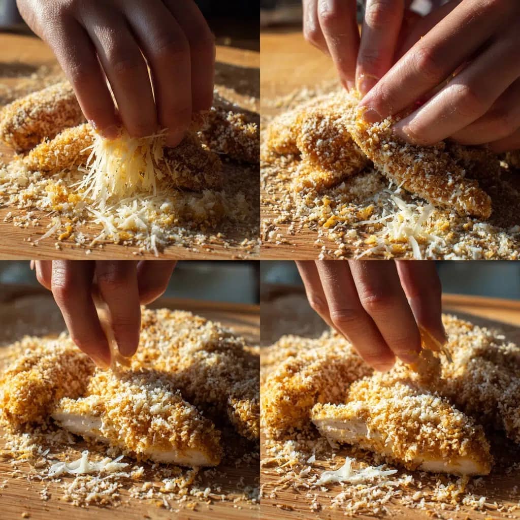 Hands coating chicken with crushed Cheez It crackers