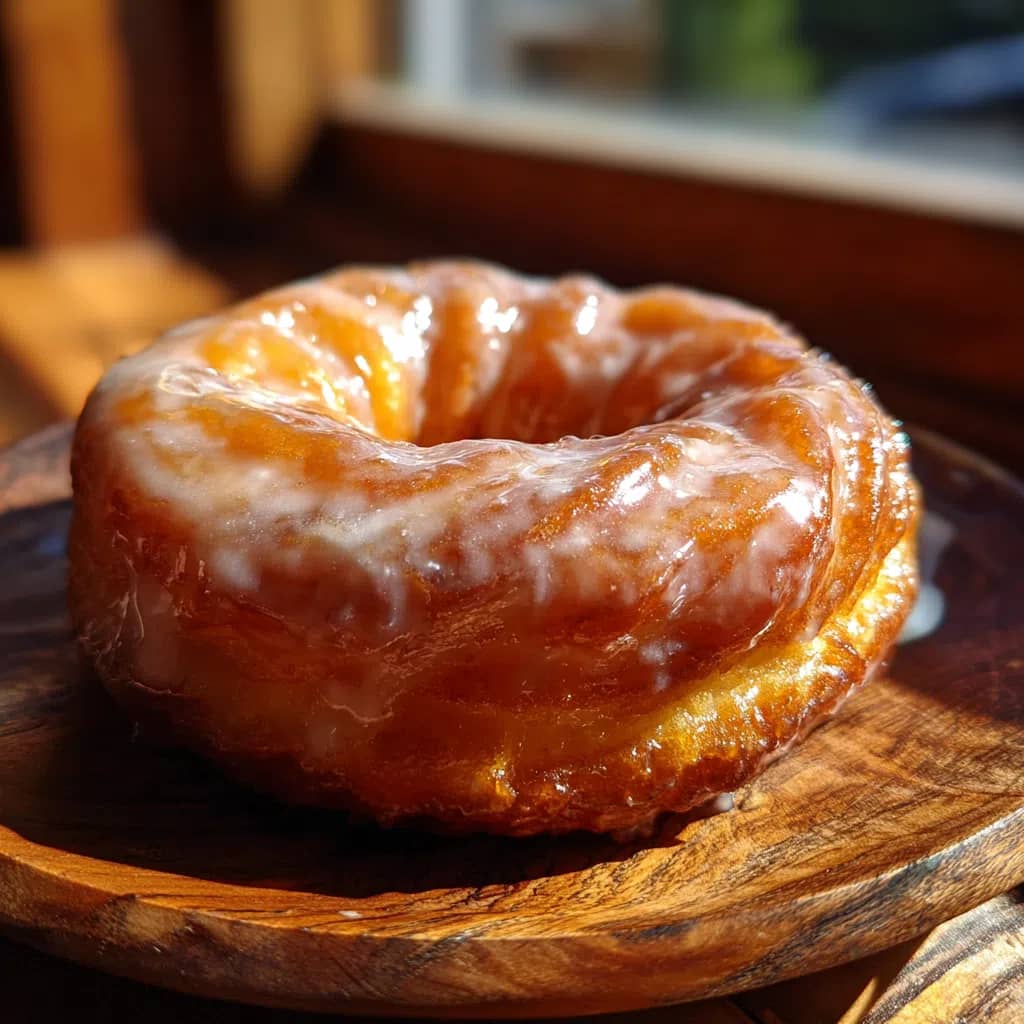 French cruller glazed donut close-up on wooden plate