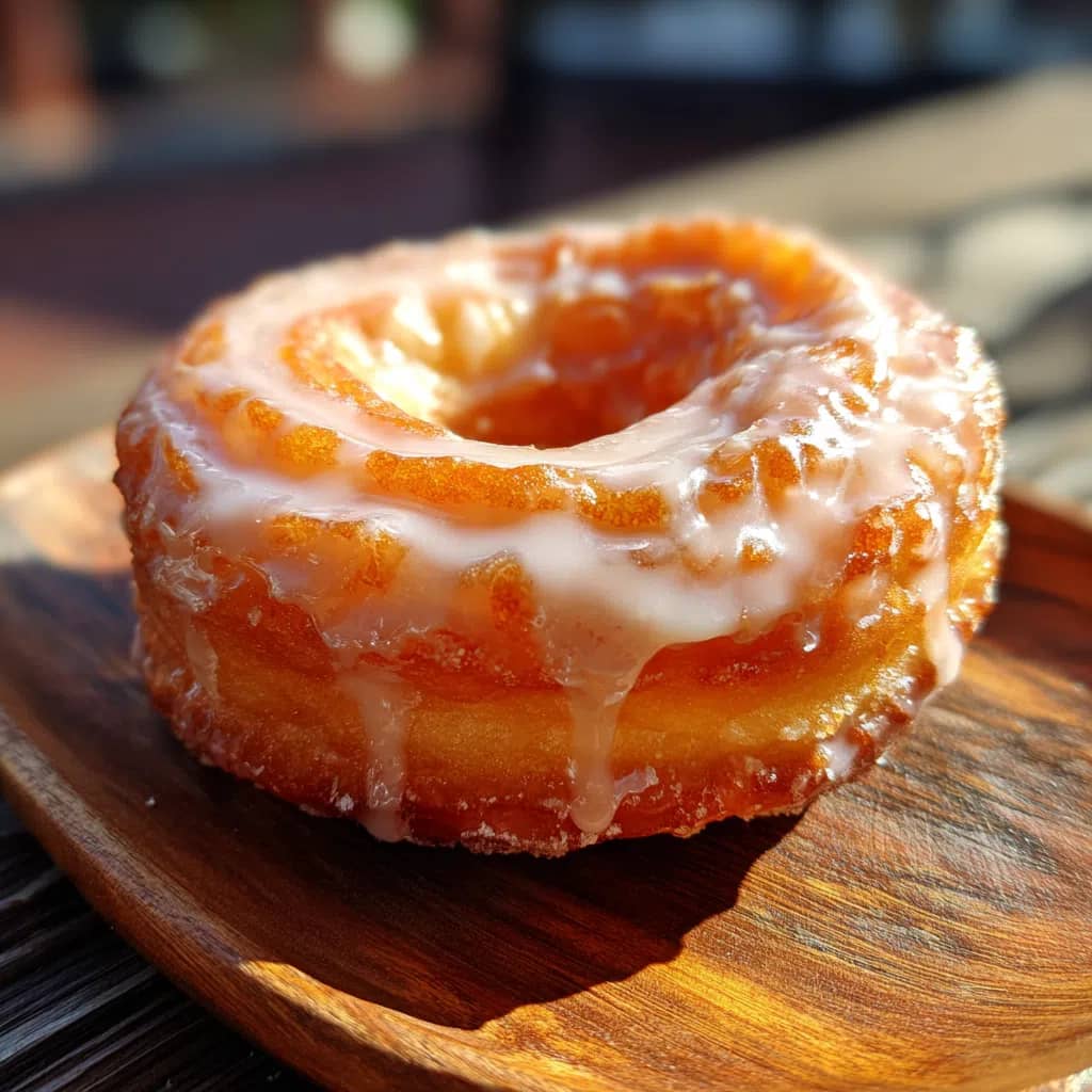 French cruller glazed donut close-up on wooden plate