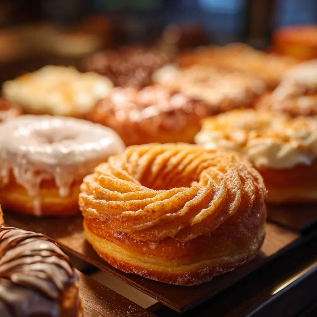 Bakery display featuring French cruller in center