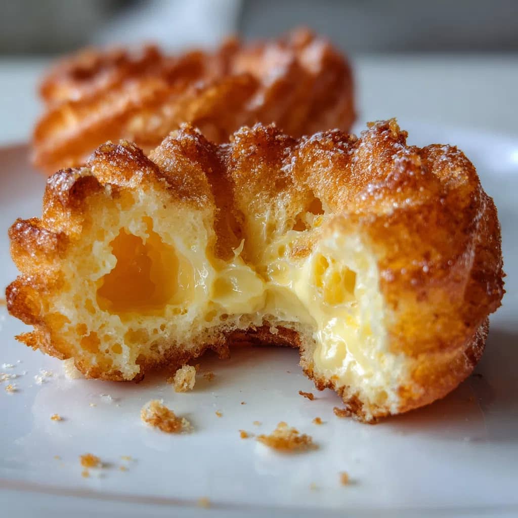 Inside texture of a French cruller donut close-up