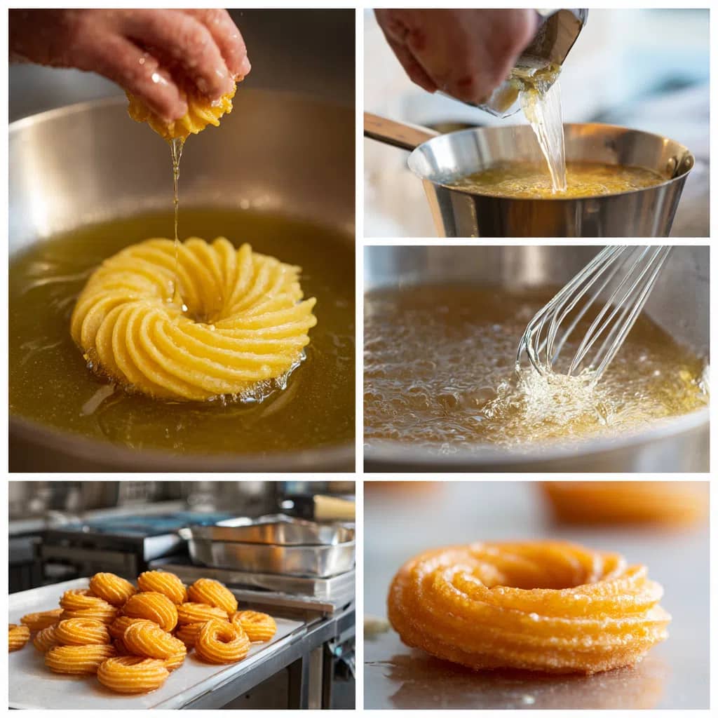 Making French crullers step-by-step: piping, frying, glazing