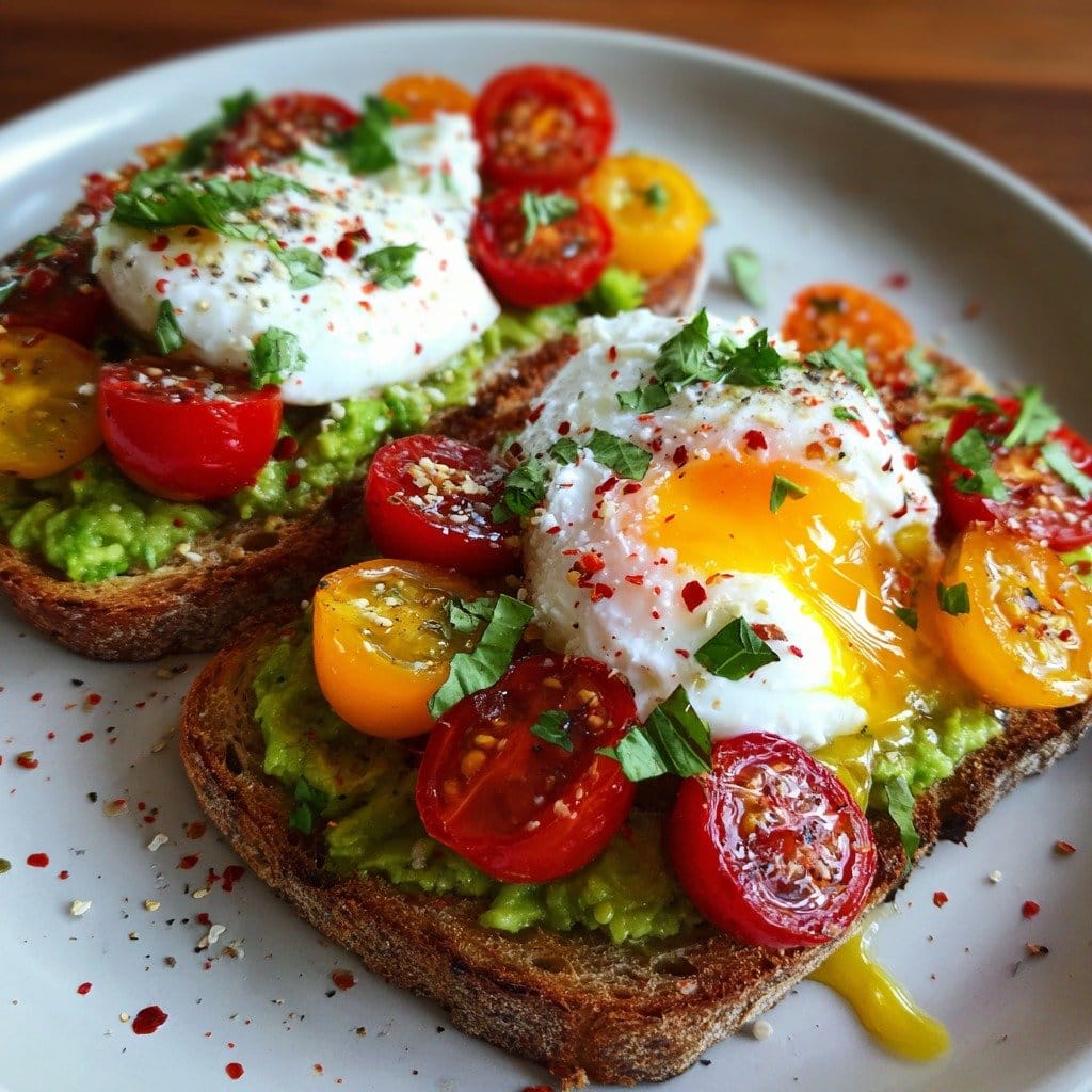 Creamy Avocado Toast with Poached Egg and Cherry Tomatoes