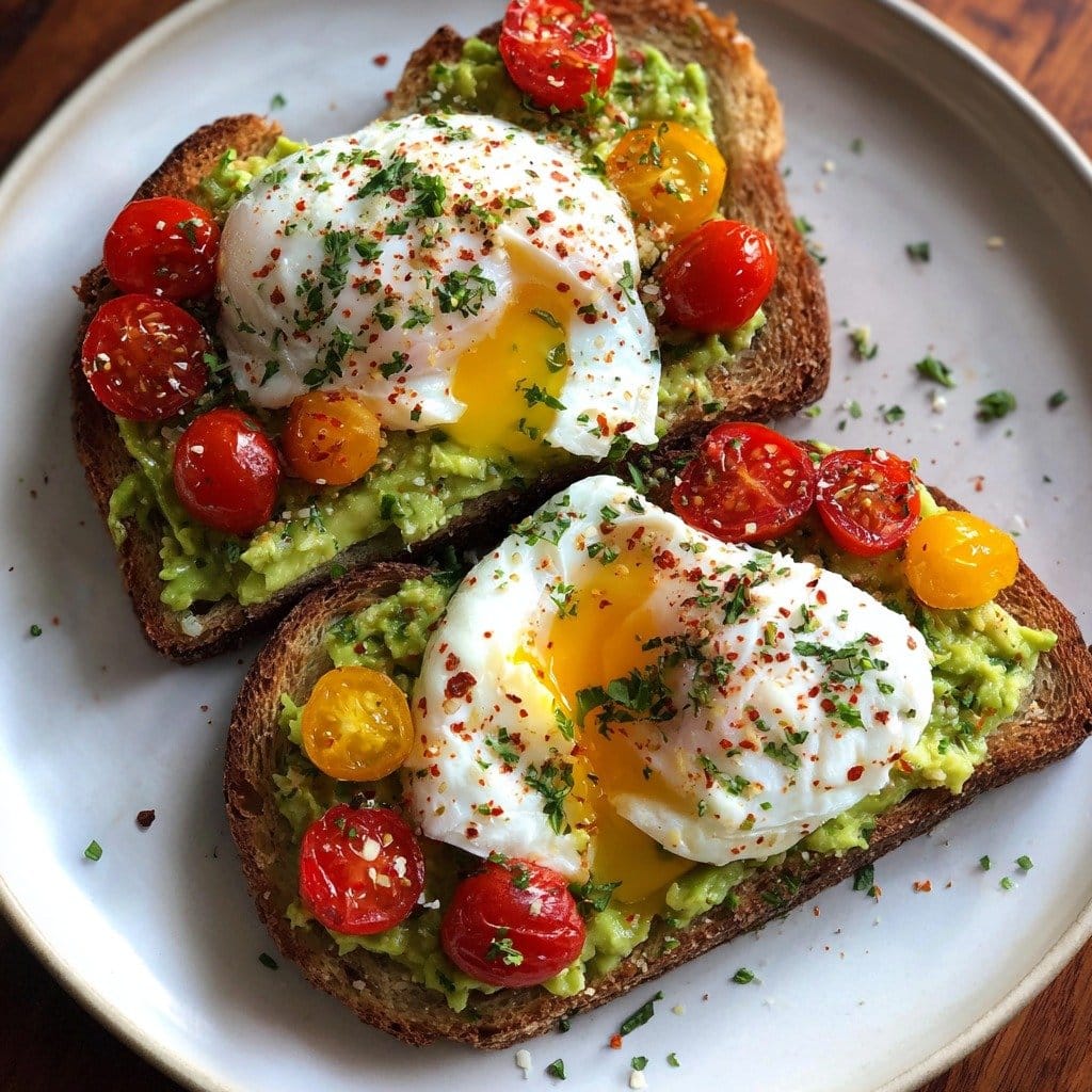 Creamy Avocado Toast with Poached Egg and Cherry Tomatoes (2)