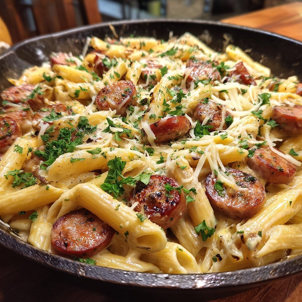 Creamy Kielbasa Sausage Pasta Skillet