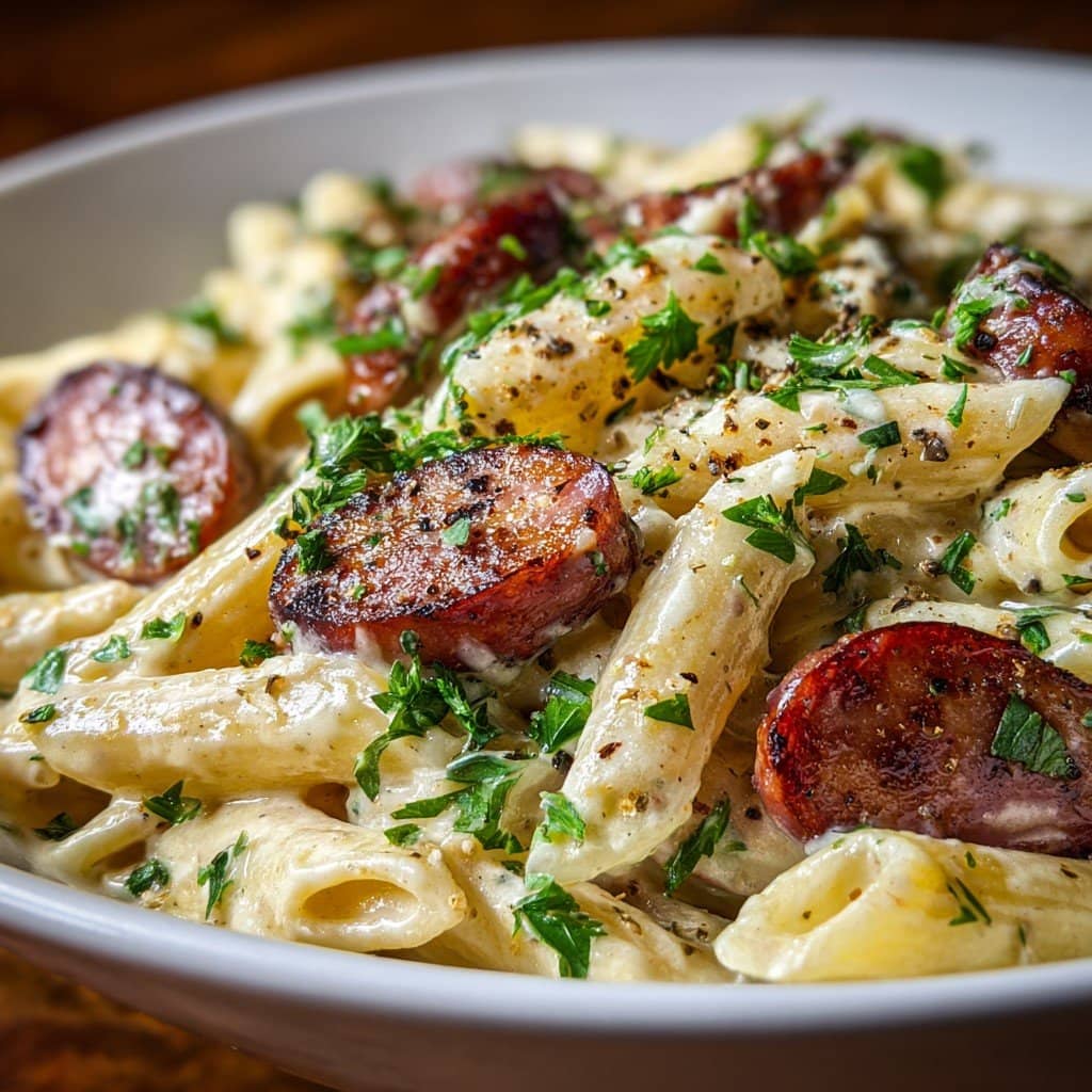 creamy kielbasa sausage pasta skillet in one pan with penne and cheese