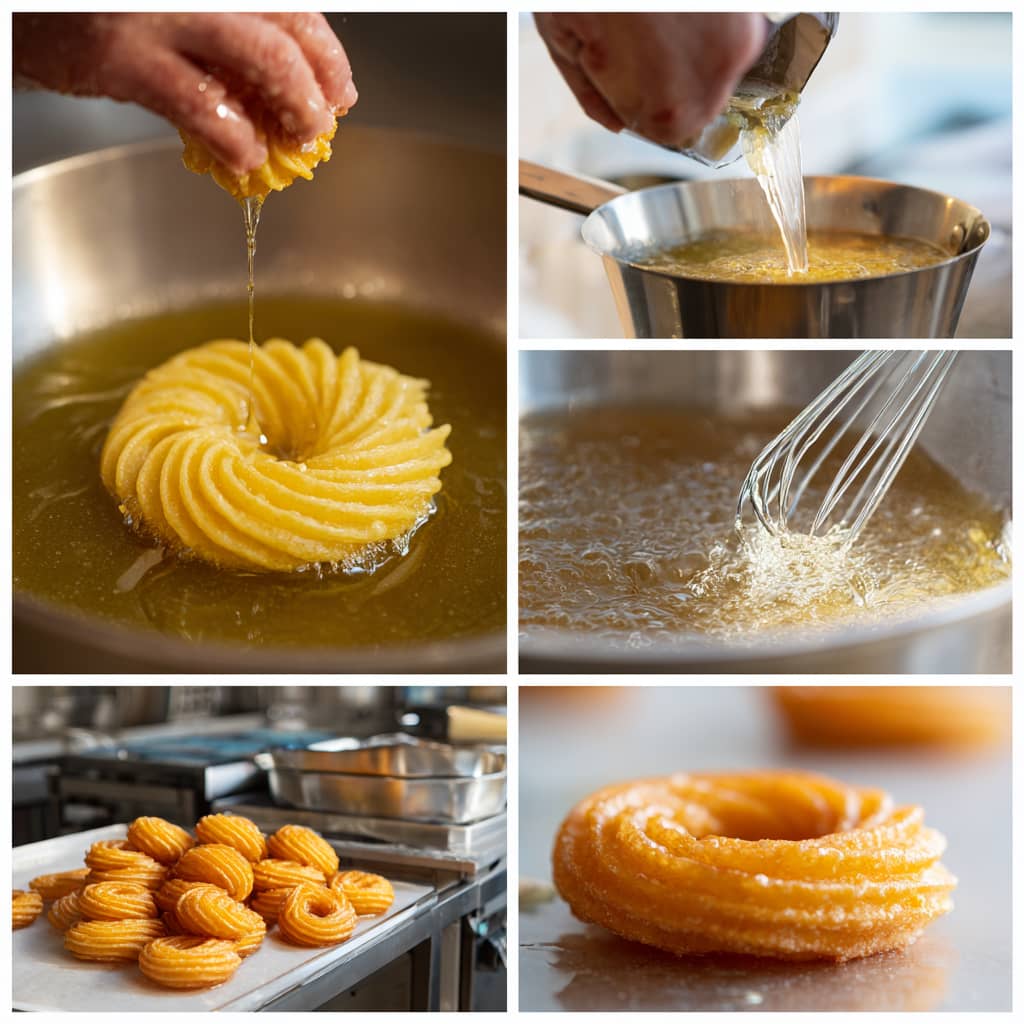 Making French crullers step-by-step: piping, frying, glazing